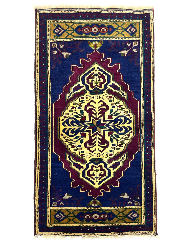 Vintage Turkish Blue Small Rug 54 cm x 107cm (1’8’’ FT X 3’5’’ FT) - Y010070